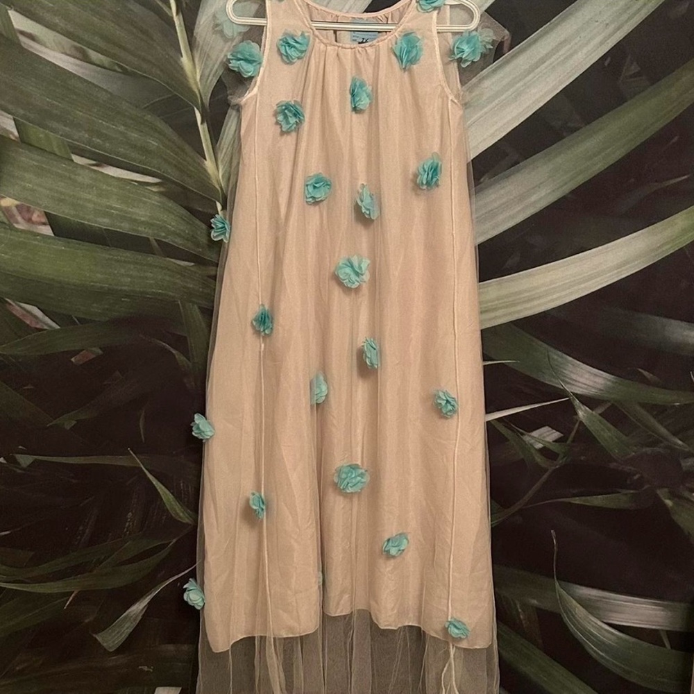 Cream and Blue Midi Sundress with Spaghetti Straps - Picture 2 of 7